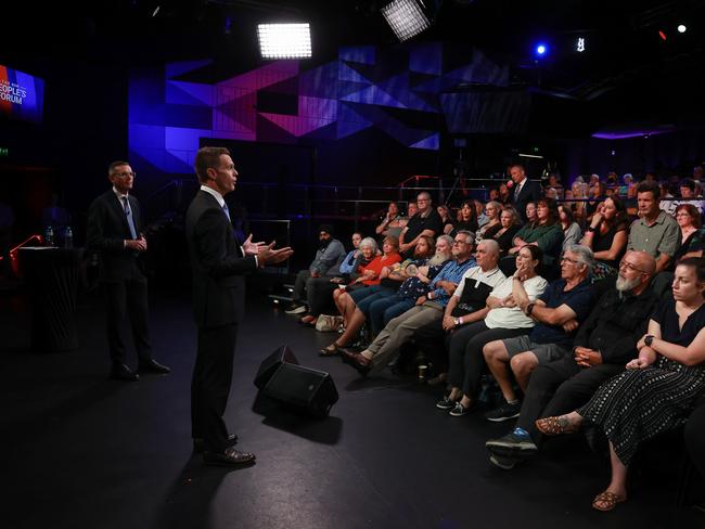 The pair made their pitches in front of an audience of a hundred undecided voters. Picture: Justin Lloyd.