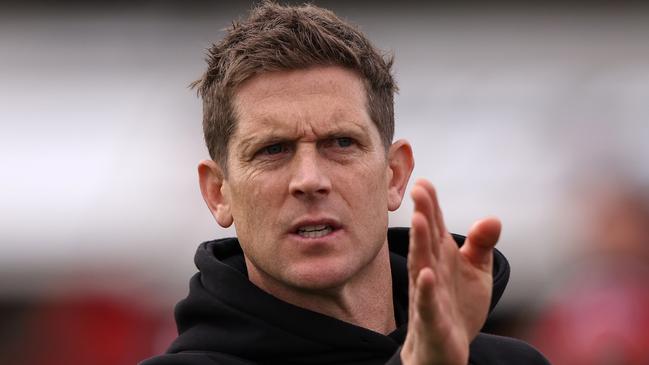 MELBOURNE, AUSTRALIA - SEPTEMBER 10: Saints coach Nick Dal Santo is seen at he break during the round two AFLW match between Essendon Bombers and St Kilda Saints at Windy Hill, on September 10, 2023, in Melbourne, Australia. (Photo by Robert Cianflone/Getty Images)