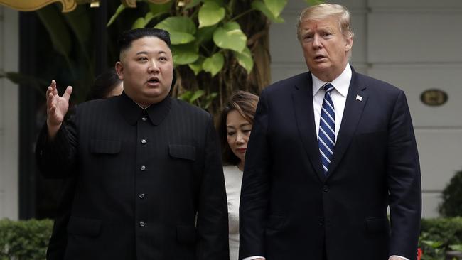 North Korean leader Kim Jong-un, left, and US President Donald Trump in Hanoi in February. Picture: AP