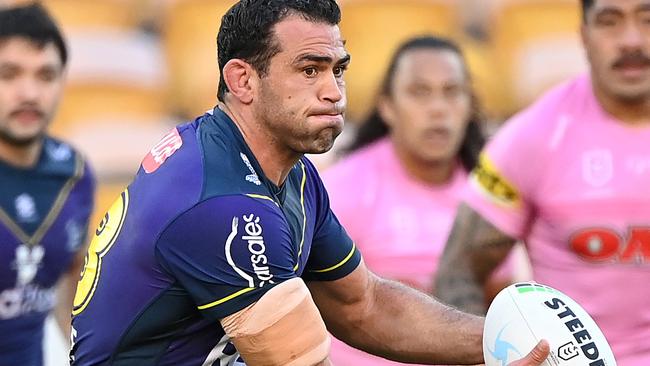 BRISBANE, AUSTRALIA - AUGUST 01: In this handout image provided by NRL Photos Dale Finucane of the Storm in action during the round 20 NRL match between the Melbourne Storm and the Penrith Panthers at Suncorp Stadium, on August 01, 2021, in Brisbane, Australia. (Photo by Handout/NRL Photos via Getty Images )