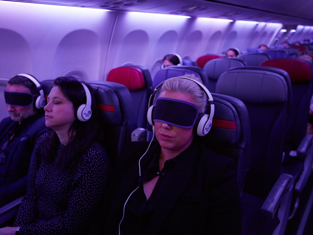 In-flight meditation can help travellers practice mindfulness and calm at 30,000 feet. Picture: AAP/Virgin Australia, Nick Cubbin