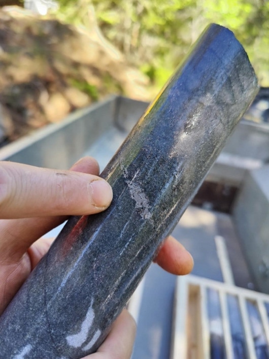 The shiny cobalt mineralisation visible in the Middagshvile drill core at Kunico’s Skuterud project. Picture: Supplied