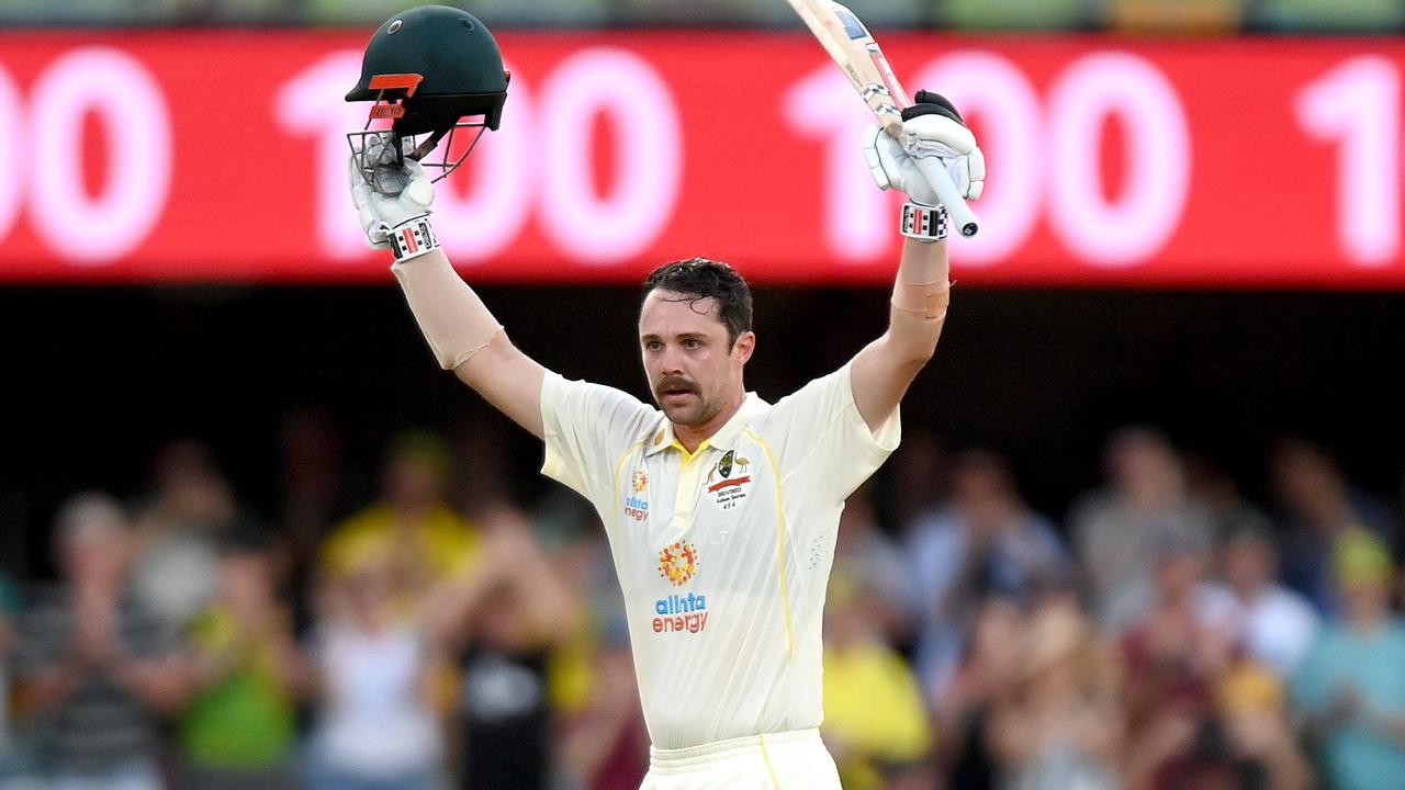 Travis Head celebrates after scoring his century. Photo by Bradley Kanaris/Getty Images