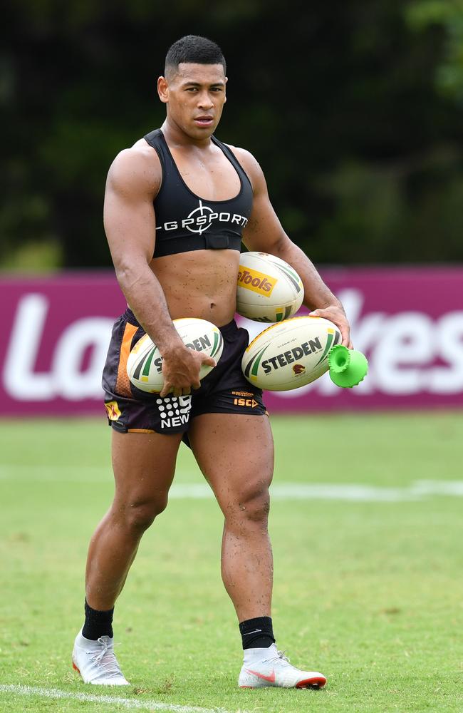 Broncos fullback Jamayne Isaako, 22, practises his goal-kicking on the new football field that backs onto the Clive Berghofer Centre. Picture: Darren England