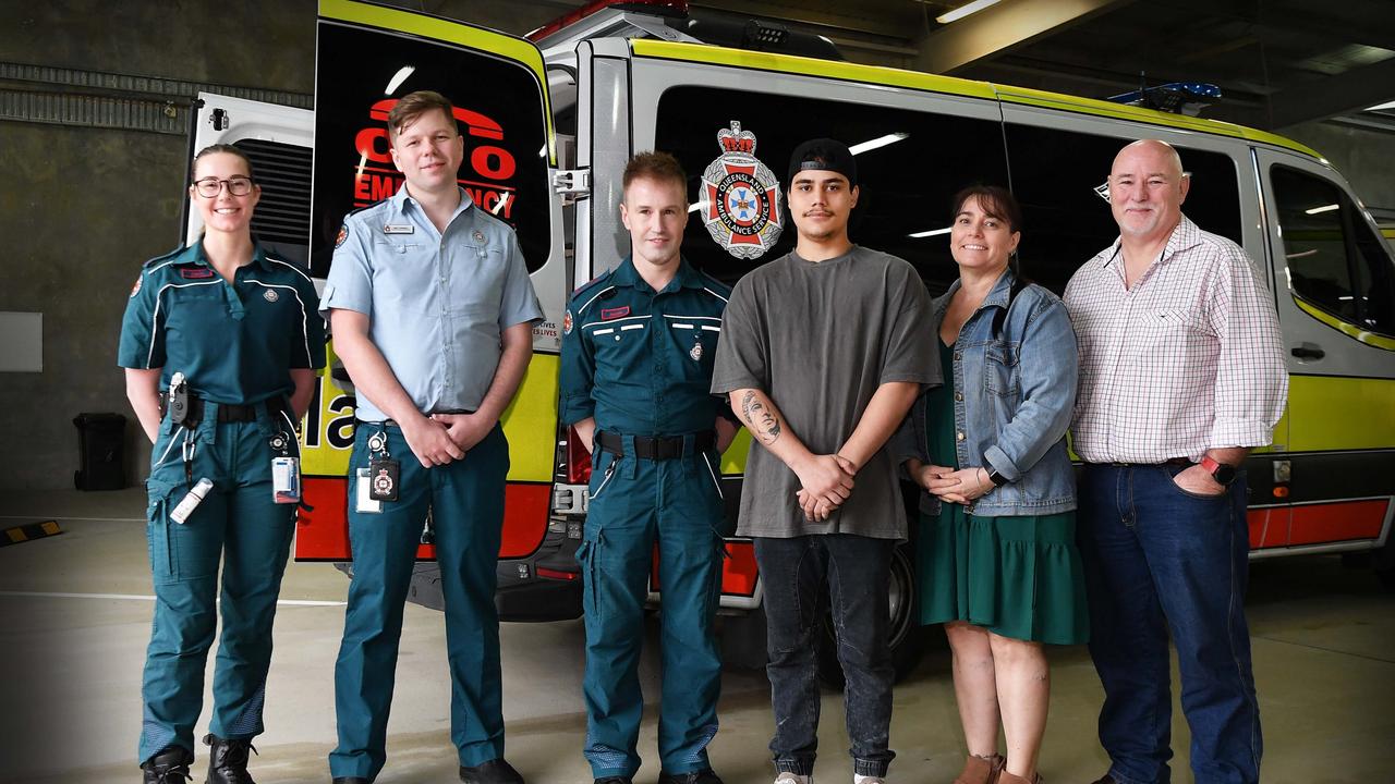 QAS workers Kari Thomas, Paul Tudball and Jason McGauchie with Joshua Graham, Rebecca McMillan and Kerry McMillan. Picture: Patrick Woods