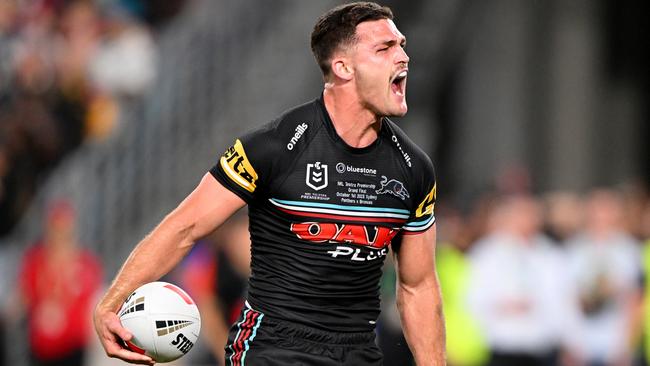 SYDNEY, AUSTRALIA - OCTOBER 01: Nathan Cleary of the Panthers celebrates scoring a try during the 2023 NRL Grand Final match between Penrith Panthers and Brisbane Broncos at Accor Stadium on October 01, 2023 in Sydney, Australia. (Photo by Bradley Kanaris/Getty Images)