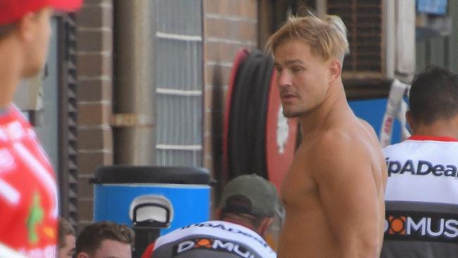 Jack de Belin (right) training at WIN Stadium with team members. Picture: Simon Bullard