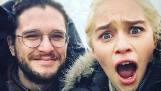 Kit Harington and Emilia Clarke on set of Game of Thrones. Picture: @emilia_clarke