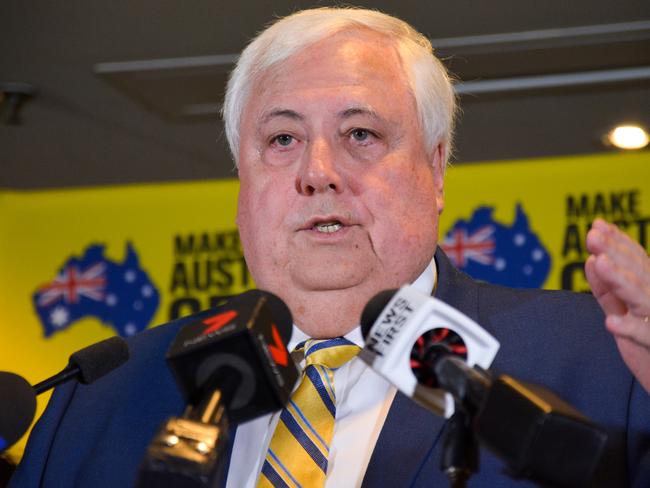 United Australia Party leader Clive Palmer speaks to the media during a press conference in Perth, Friday, May 2, 2019. Mr Palmer said it is unacceptable candidate Tony Hanley, who is running for the new seat of Bean in the ACT, called Saudi Arabians "tea towel heads" and described the children of taxi drivers as "future terrorists". (AAP Image/Rebecca Le May) NO ARCHIVING