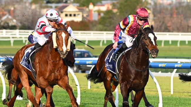 MELBOURNE, AUSTRALIA - AUGUST 17: Mark Zahra riding Gentleman Roy defeats Ben Allen riding Pinstriped and Pericles (r)  in Race 8, the Catanachs Jewellers P.b. Lawrence Stakes - Betting Odds during Melbourne Racing at Caulfield Racecourse on August 17, 2024 in Melbourne, Australia. (Photo by Vince Caligiuri/Getty Images)