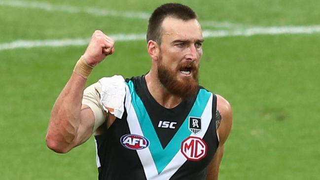 Charlie Dixon celebrates a goal during Port Adelaide’s win over GWS on Sunday. Picture: Chris Hyde/Getty Images