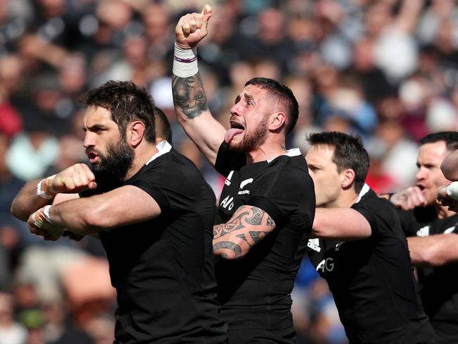 New Zealand players perfrom the Haka during the rugby union Test match between New Zealand and Tonga in Hamilton on September 7, 2019. (Photo by MICHAEL BRADLEY / AFP)