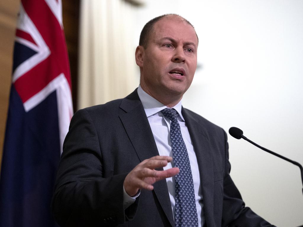 Treasurer Josh Frydenberg speaking at a press conference in Melbourne. Picture: NCA NewsWire / David Geraghty