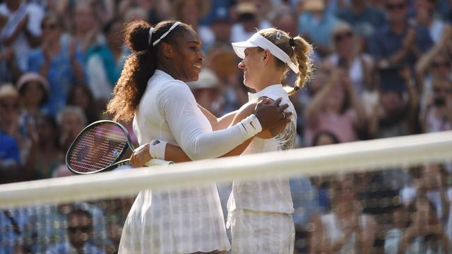 The good friends embrace after Kerber’s win. Picture: AFP