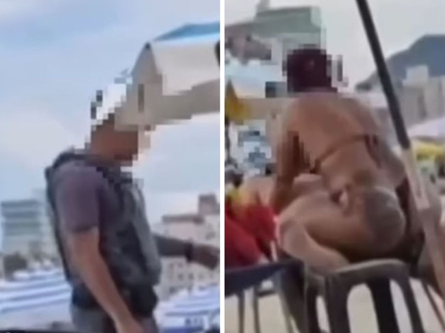 A couple’s make-out session on a beach was cut short when they were interrupted by a police officer, in footage that has since gone viral. Picture: G1