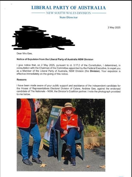 Independent MP Andrew Gee posted the letter he claims was sent to his mother, ousting her as a member of the Liberals. Picture: Facebook