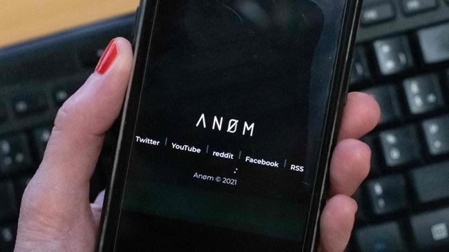 The AN0M app on the screen of a smartphone in 2021. Picture: AFP