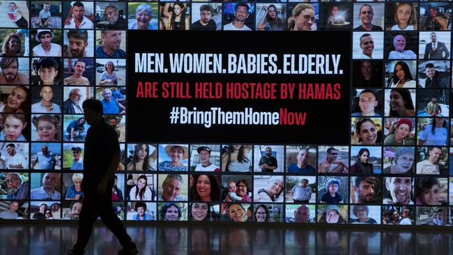 Tel Aviv's Museum of Modern Art displays a montage of the hostages. Picture: Getty Images