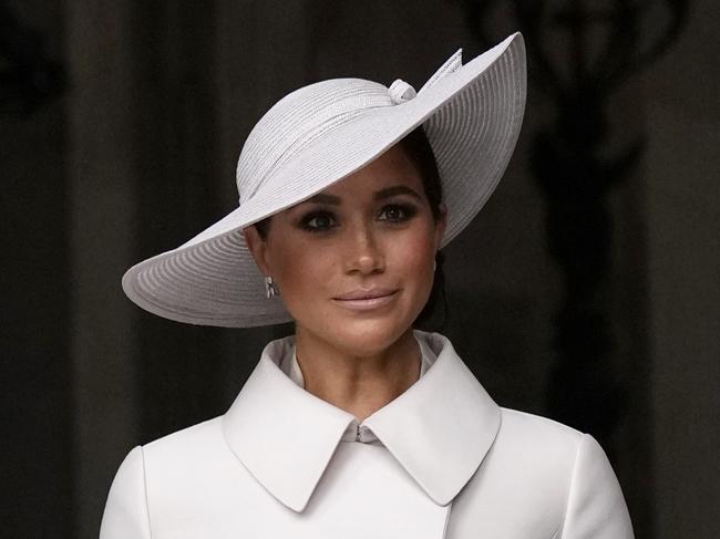 LONDON, ENGLAND - JUNE 03: Prince Harry and Meghan Markle, Duke and Duchess of Sussex leave after a service of thanksgiving for the reign of Queen Elizabeth II at St Paul's Cathedral in London, Friday, June 3, 2022 on the second of four days of celebrations to mark the Platinum Jubilee. The events over a long holiday weekend in the U.K. are meant to celebrate the monarch's 70 years of service. (Photo by Matt Dunham - WPA Pool/Getty Images)