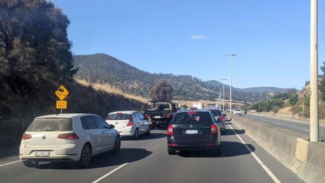 Traffic on the Bowen Bridge following a truck rollover on the Tasman Bridge. 16 Jan 2023. Picture: supplied