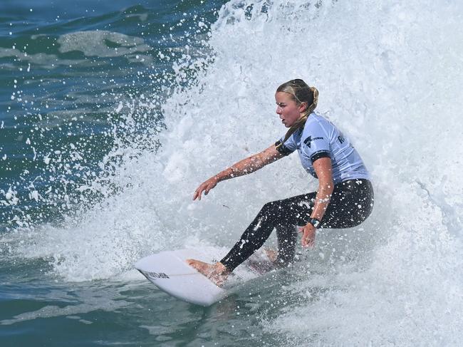 BELLS BEACH, AUSTRALIA - MARCH 26: Ellie Harrison of Australia surfs in their first heat during the 2024 Rip Curl Pro Bells Beach on March 26, 2024 in Bells Beach, Australia. (Photo by Morgan Hancock/Getty Images)