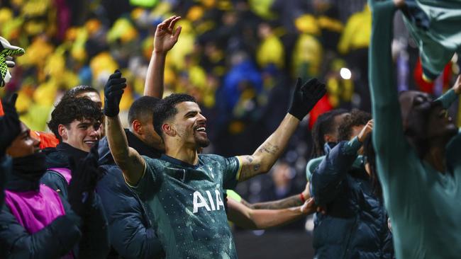 Tottenham's Dominic Solanke celebrates after the big win. (Mats Torbergsen/NTB via AP)