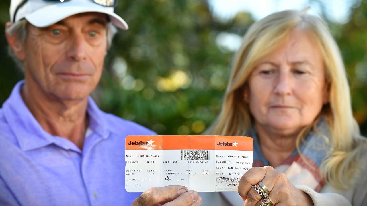 Gary and Terri Kendrick are frequent travellers to Sydney and Mr Kendrick is disappointed in Jetstar following a situation with a man who boarded a flight to Sydney without a ticket. Picture: Patrick Woods.