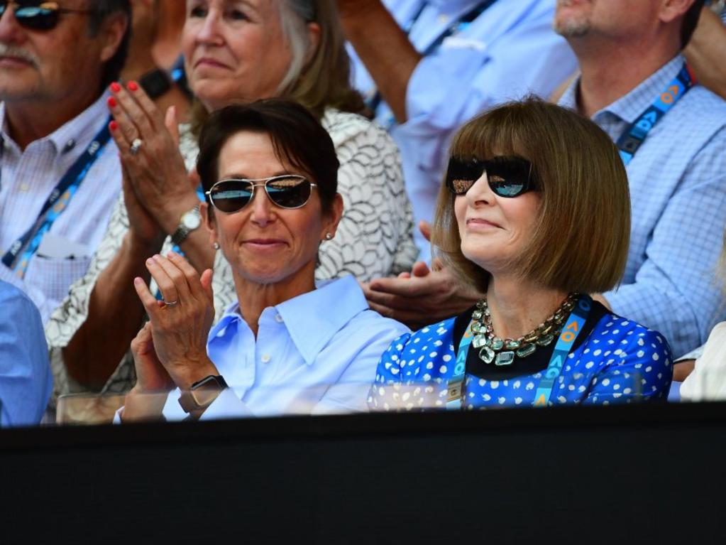 Earlier in the day, Anna Wintour sported a printed blue dress. Picture: Australian Open 