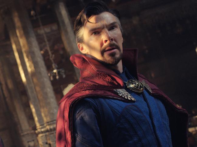 (L-R): Xochitl Gomez as America Chavez, Benedict Wong as Wong, and Benedict Cumberbatch as Dr. Stephen Strange in Marvel Studios' DOCTOR STRANGE IN THE MULTIVERSE OF MADNESS. Photo courtesy of Marvel Studios. ©Marvel Studios 2022. All Rights Reserved.