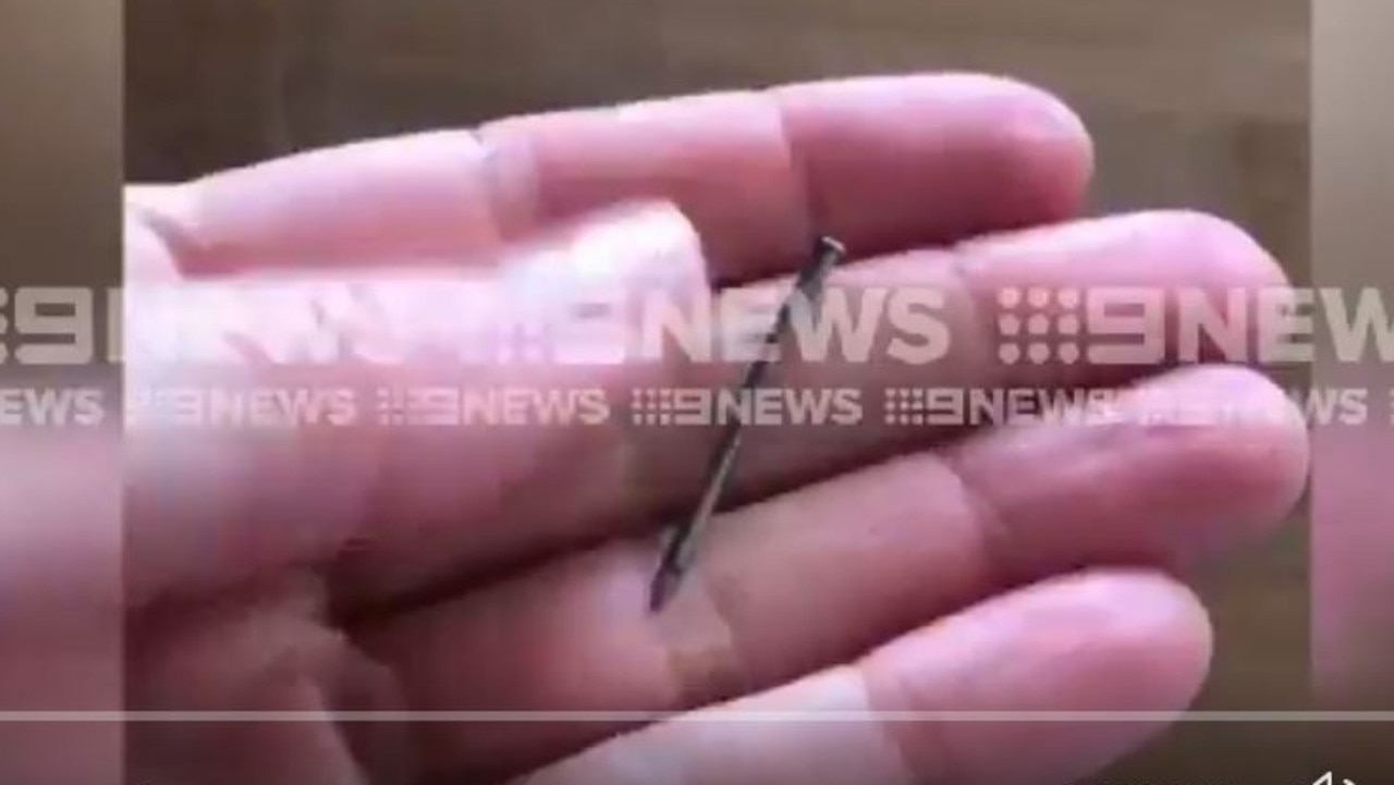 A nail found in a punnet of strawberries in South Australia. Source: Nine News.