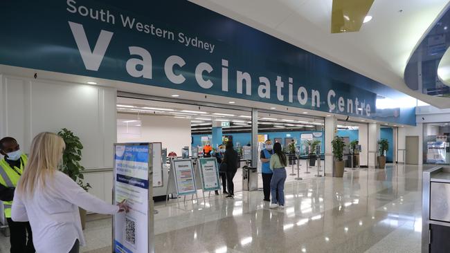 Queues were noticeably absent after a new mass vaccination centre opened at Macquarie Fields in Sydney’s southwest on Monday. Picture: Christian Gilles