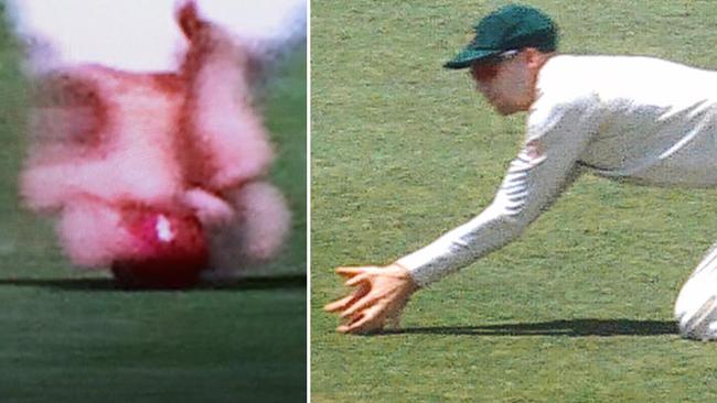 Screengrabs from Fox Sports yesterday of Peter Handscomb's catch to dismiss Virat Kohli.