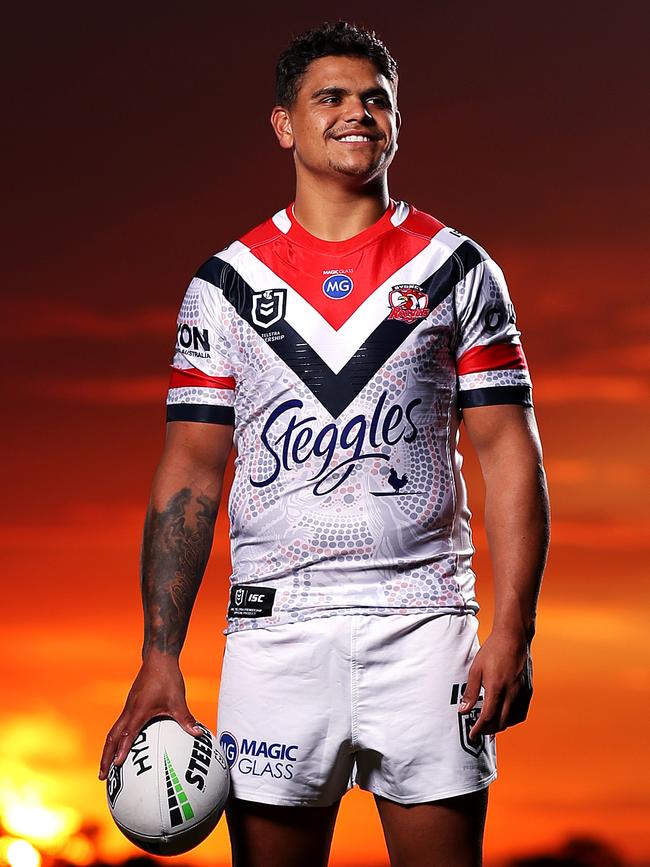 Latrell Mitchell’s handprint and that of his daughter features on the Roosters indigenous jersey. Picture: Phil Hillyard