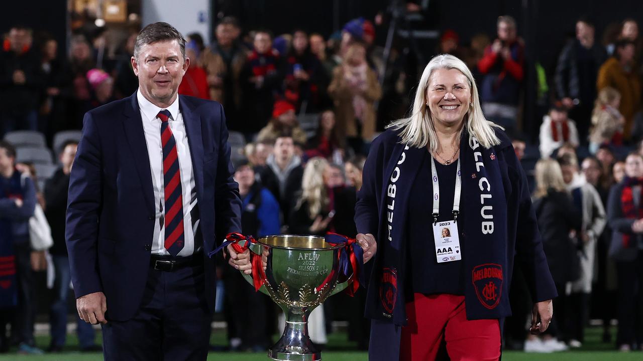 Melbourne chief executive Gary Pert and Roffey with the 2021 premiership cup. Picture: Michael Klein