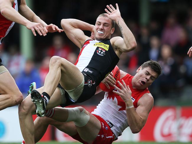 Craig Bird takes a mark in front of St Kilda's Nathan Wright. Picture: Phil Hillyard