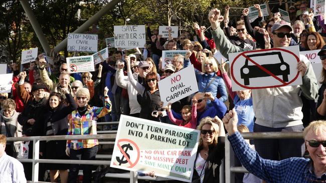 Rally at Manly Oval to protest the planned car park development.