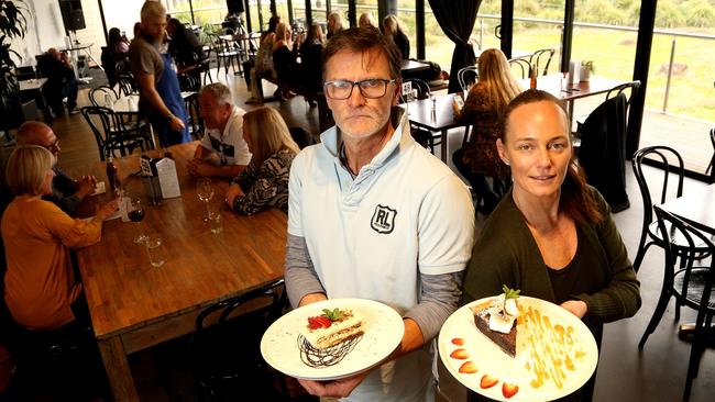 Franz Madlener with wife and owner Brook Pollock at Acrobar in Heatherton. Please note this image was taken in June, 2020. Picture: Hamish Blair