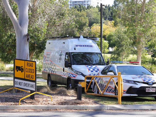 Police at Hanlon Park, Stones Corner the day after the attack. Picture: Steve Pohlner