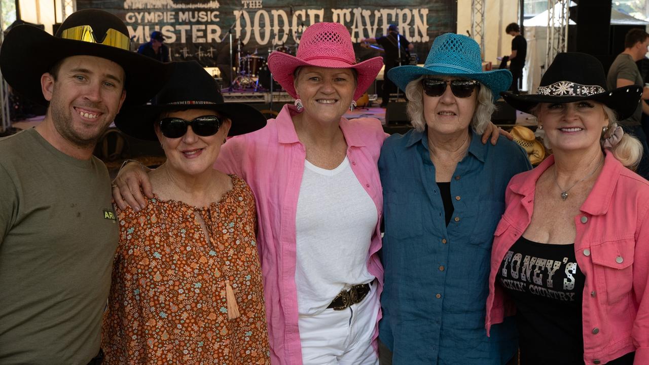 Elle Story, Sharron Turner, robyn Duffield, Brandon Crossman, Debbie Greaves, (Dallas Line Dance) at the 2023 Gympie Music Muster. August 24, 2023. Picture: Christine Schindler