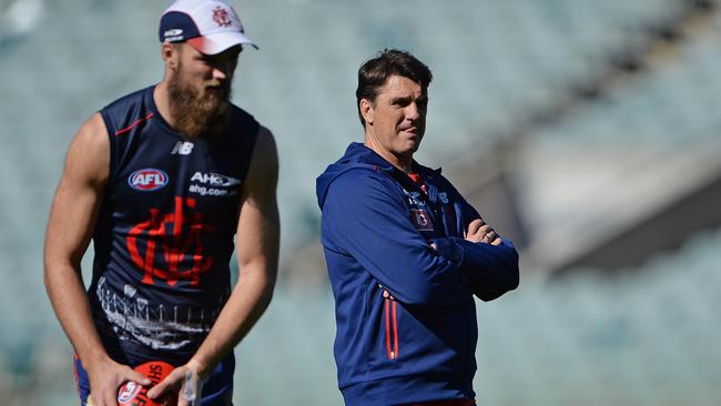 Max Gawn at Melbourne training as Paul Roos watches on. Picture: Daniel Wilkins