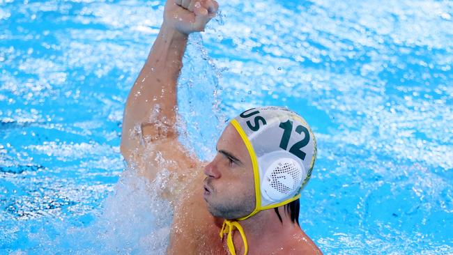 PARIS, FRANCE - AUGUST 03: Blake Edwards of Team Australia celebrates a goal in the Men's Preliminary Round - Group B match between Team Australia and Team Hungary on day eight of the Olympic Games Paris 2024 at Aquatics Centre on August 03, 2024 in Paris, France. (Photo by Clive Rose/Getty Images)