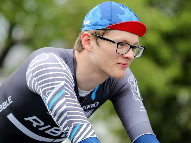 ABERGAVENNY, WALES - AUGUST 26: Zach Bridges prepares to race in stage 5 of the Junior tour of Wales on August 26, 2018 in Abergavenny, Wales, United Kingdom. In October 2020 Zach Bridges the 19-year-old, from Cwmbran in Wales, came out as transgender and now identifies as Emily Bridges. (Photo by Huw Fairclough/Getty Images)