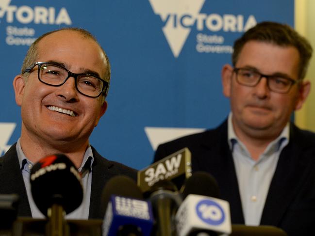 MELBOURNE, AUSTRALIA - NewsWire Photos JUNE 24, 2022: Retiring Victorian  Deputy Premier James Merlino speaks at a press conference at Parliament House in Melbourne with Premier Daniel Andrews looking on. Picture: NCA NewsWire / Andrew Henshaw