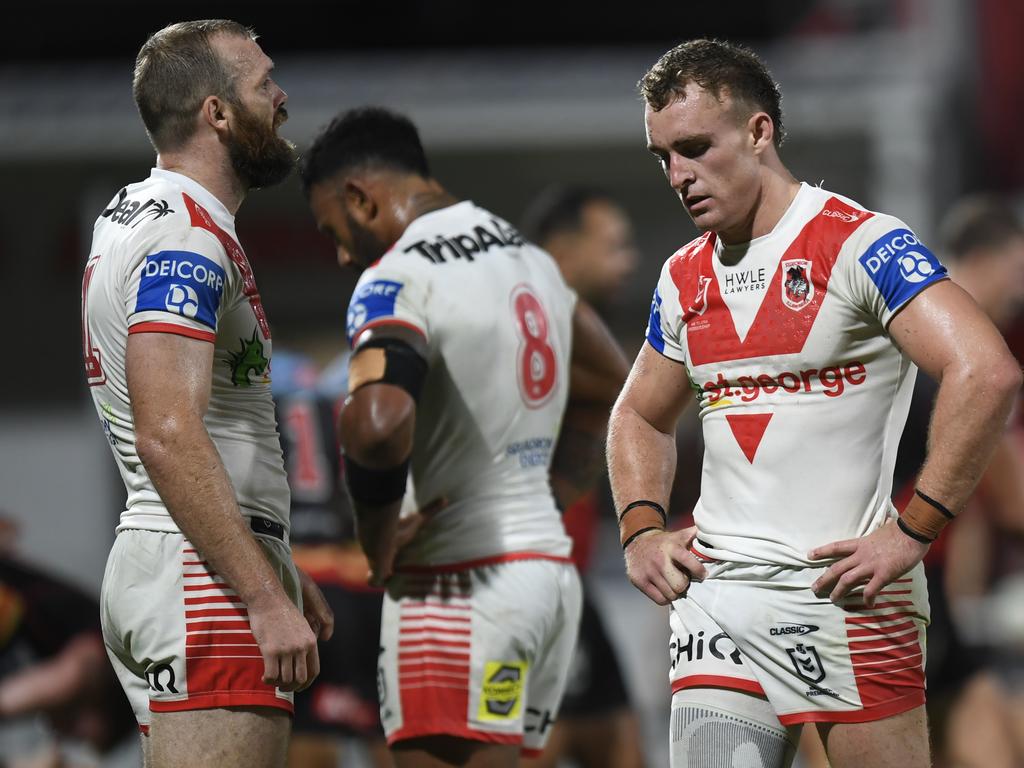 Dragons players react during their side's loss to the Dolphins. Picture: NRL Photos