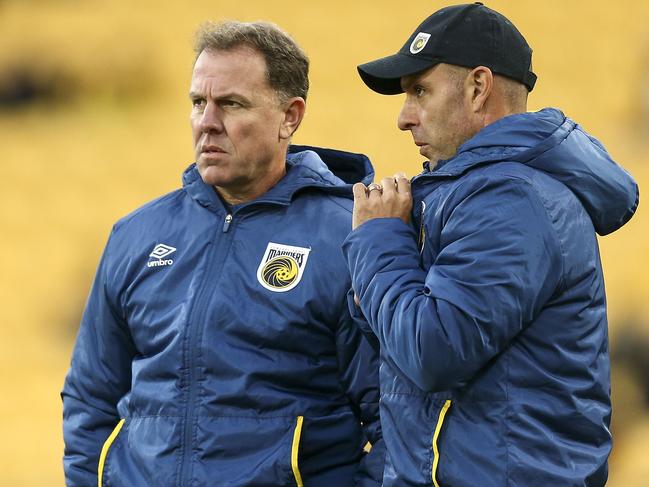WELLINGTON, NEW ZEALAND - JANUARY 04: Coach Alen Stajcic and assistant coach Nahuel Arrarte of the Mariners look on during the round 13 A-League match between the Wellington Phoenix and the Central Coast Mariners at Sky Stadium on January 04, 2020 in Wellington, New Zealand. (Photo by Hagen Hopkins/Getty Images)