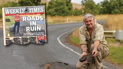 Falling apart: Emiel Timmers on the Casterton-Apsley Rd, Which still awaits repairs two years after he highlighted its dangers. Picture: Karla Northcott