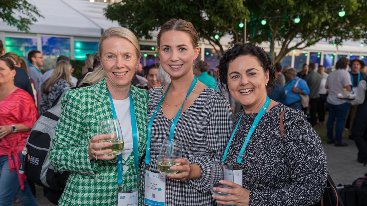 Kyle Stever, Taylah Welk and Sally Scott for The Pulse at the Australian Tourism Exchange at the Gold Coast Convention and Exhibition Centre, May 4 2023. Picture: Steven Grevis