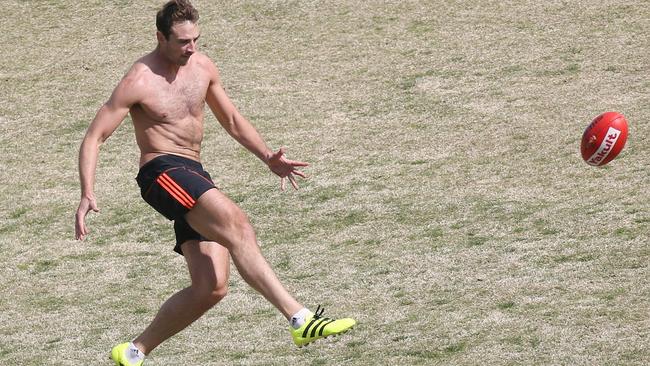 Jobe Watson has a kick of the footy. Picture: Wayne Ludbey