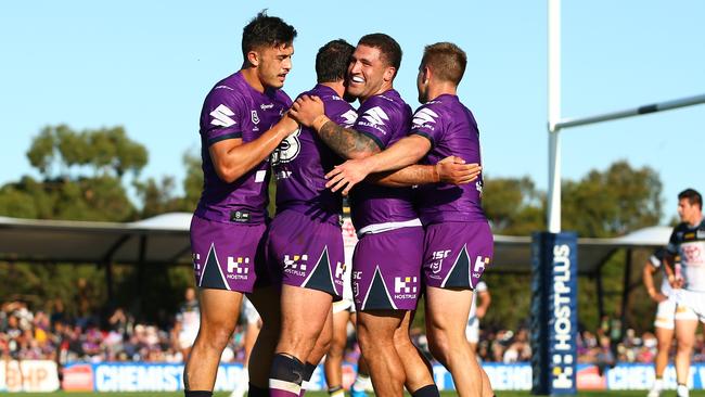 The Storm celebrate after scoring a try during their NRL Trial match against the Cowboys at Casey Fields on February 29. Picture: Mike Owen/Getty Images