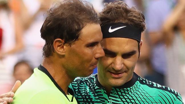 Roger Federer embraces Rafael Nadal after his victory at Indian Wells.